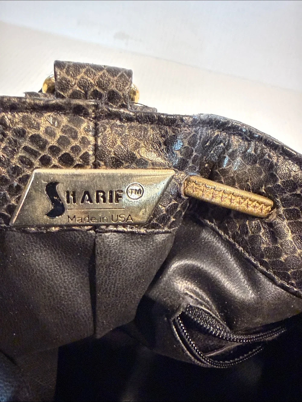 Sharif Black  & Bronze Textured Drawstring Vintage Bucket Crossbody Bag